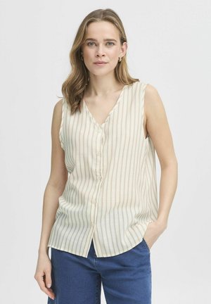 Blouse sans manches beige clair avec des rayures verticales, décolleté en V et fermeture à boutons à l'avant. Tissu doux avec une coupe décontractée.