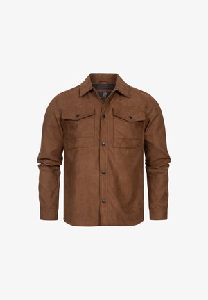 Brown, suede-like shirt jacket with a button front, two chest pockets, and long sleeves. Features black buttons and a classic collar.
