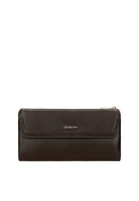 Portafoglio in pelle marrone con una finitura texture, dotato di chiusura a patta e logo metallico. Forma rettangolare compatta con linee pulite.