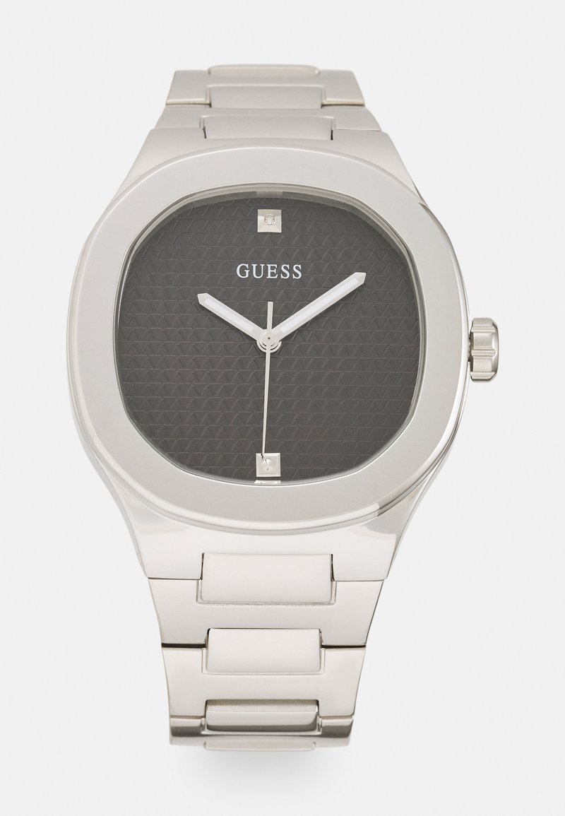 GUESS Orologio Uomo 45 Mm - Cassa Argento, Quadrante Nero, Cinturino In Silicone Nero - Multifunzione