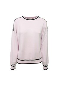 Felpa lavorata a maglia di colore rosa chiaro con dettagli neri, collo e polsini a coste e bottoni decorativi sulle maniche. Presenta una vestibilità comoda.
