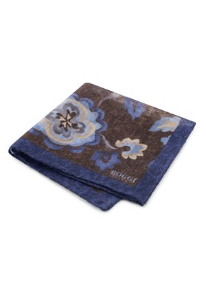 Gefaltetes Einstecktuch mit blauem und beigem Blumenmuster auf dunklem Hintergrund und dunkelblauem Rand, gebrandet mit "Boggi"-Logo.