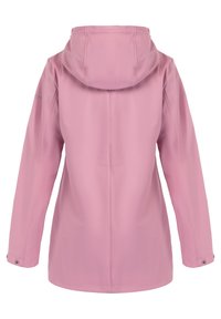 Rosa vattentät jacka med huva, med långa ärmar, rak skärning och tryckknappar vid ärmsluten. Slät, syntetisk textur.