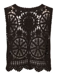 Haut sans manches en dentelle au crochet noir avec motifs circulaires et floraux et ourlet festonné.