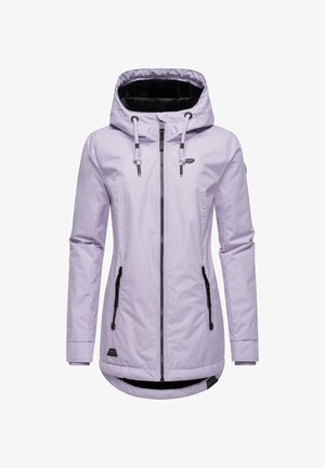 Helllila wasserfeste Jacke mit Kapuze, Frontreißverschluss und schwarzen Reißverschlusstaschen. Weiche schwarze Innenausstattung, verstellbare Kordelzüge und Logodetail.