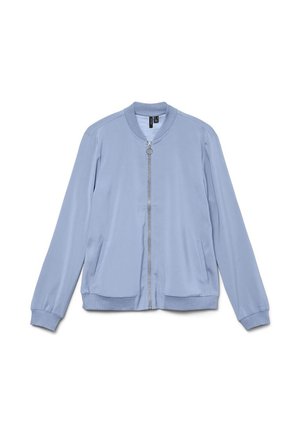 Svijetloplaka bomber jakna s rebrastim ovratnikom, manšetama i rubom, prednjim patentnim zatvaračem s prstenom za povlačenje i dva kosi bočna džepa.