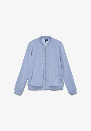 Svijetloplaka bomber jakna s rebrastim ovratnikom, manšetama i rubom, prednjim patentnim zatvaračem s prstenom za povlačenje i dva kosi bočna džepa.