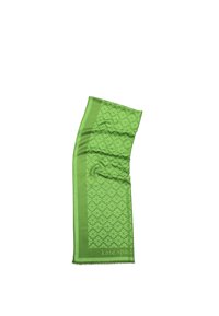 Green scarf featuring a textured floral pattern, with a smooth and soft finish. Edges are neatly fringed. Brand logo displayed subtly.