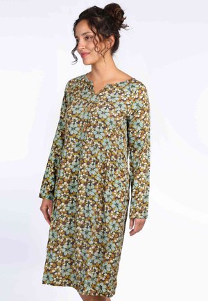 Blumenkleid mit langen Ärmeln in Braun, Blau und Weiß. Mit V-Ausschnitt und gerafftem Detail an der Taille, aus weichem Stoff gefertigt.