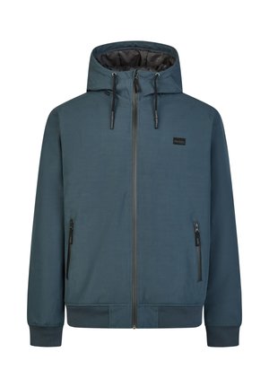 Blaue Kapuzenjacke mit Frontreißverschluss, zwei seitlichen Reißverschlusstaschen, Kordelzug an der Kapuze und gerippten Bündchen und Saum.