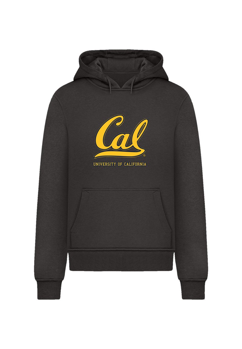 Black hoodie made of cotton blend with a front pocket. Features yellow "Cal" logo and "University of California" text on chest.