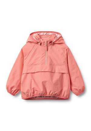 Cortavientos rosa para niños con capucha, patrón de cuadros sutil, cierre frontal de media cremallera, puños elásticos y cordón ajustable en la capucha.