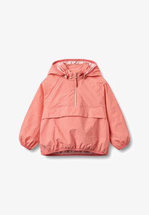 Laste roosa kapuutsiga tuulejope peene ruudumustriga, poollukuga ees, elastsete varrukaservade ja reguleeritava kapuutsinööriga.