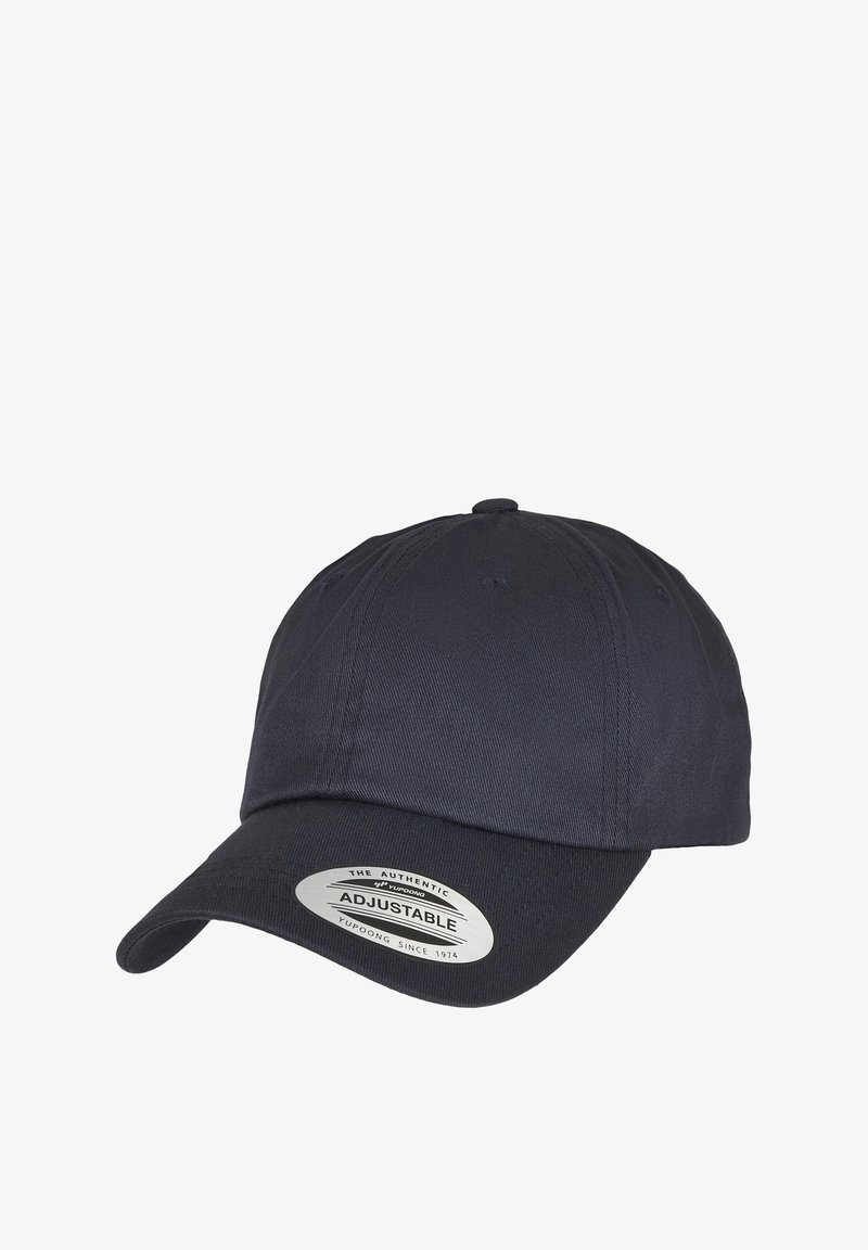 Adjustable navy blue baseball cap made of fabric with a curved brim. Features a circular silver tag stating "Adjustable."