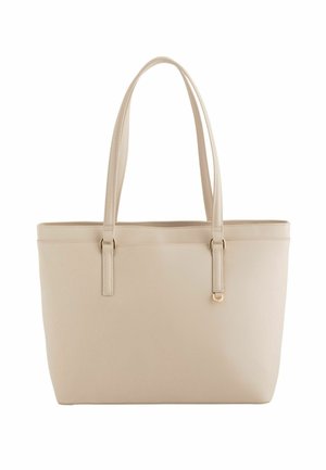 Sac cabas en cuir beige avec deux anses pour l'épaule et une quincaillerie dorée minimaliste sur un fond blanc uni.