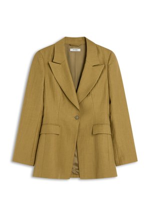 Jasnobrązowa marynarka na jeden guzik z klapami z wycięciami, kieszeniami z patkami i lekko teksturowaną tkaniną, oznaczona "IVY OAK".