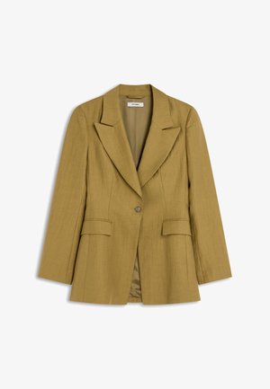 Lichtbruin colbert met een enkele knoop, met inkeping in de revers, klepzakken en een licht gestructureerde stof, met het label "IVY OAK."