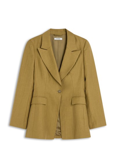 Ανοιχτό καφέ σακάκι με ένα κουμπί, λοξό γιακά, τσέπες με καπάκι και ελαφρώς υφασμένο ύφασμα, με ετικέτα "IVY OAK".