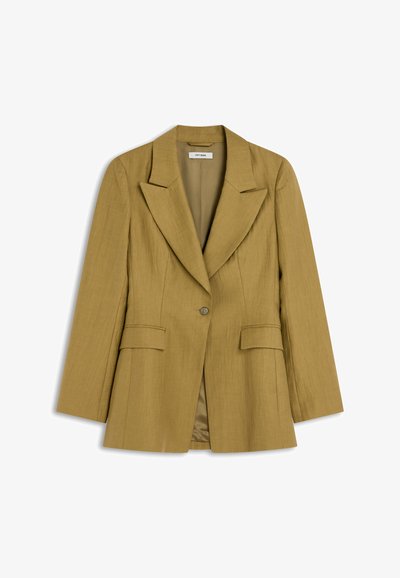 Ανοιχτό καφέ σακάκι με ένα κουμπί, λοξό γιακά, τσέπες με καπάκι και ελαφρώς υφασμένο ύφασμα, με ετικέτα "IVY OAK".