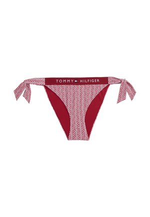 Röd bikiniunderdel med mönstrad framdel, enfärgad baksida och rosettband på båda sidor. Midjebandet har "TOMMY HILFIGER"-logotypen.