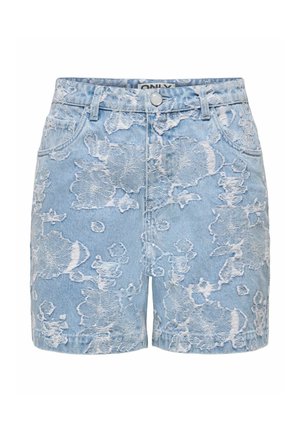 Lyseblå denimshorts med slidte blomster-mønstre, knap foran, bæltestropper og sidelommer.