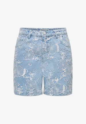 Shorts en jean bleu clair avec motifs floraux déchirés, bouton à l'avant, passants pour ceinture et poches latérales.