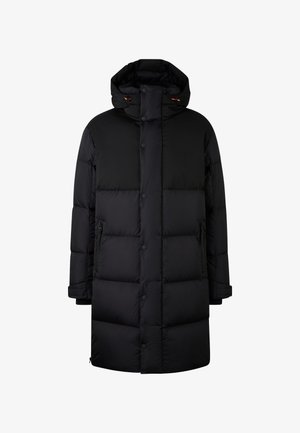 Dlouhý černý péřový kabát s kapucí, předními cvočky, zipovými bočními kapsami a nastavitelnými šňůrkami kapuce s oranžovými koncovkami.