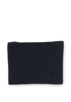 Donker marineblauwe gebreide rechthoekige nekwarmer met geribbelde textuur op een witte achtergrond.