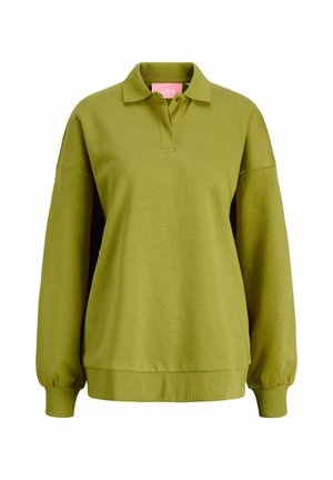 Olijfgroene pullover met een kraag, lange mouwen en geribde manchetten en zoom. Zachte stof met een relaxte pasvorm.
