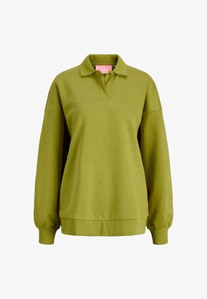 Oliņzaļš džemperis ar apkakles dekoltē, garām piedurknēm un ribotiem aprocēm un apakšmalu. Mīksts audums ar brīvu piegriezumu.