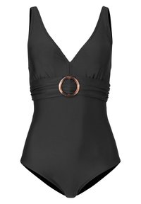Maillot de bain noir une pièce avec un design en V, fronces à la taille et un anneau d'accent marron rond au centre. Tissu lisse et extensible.