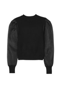 Maglione nero con corpo a maglia solida e maniche a sbuffo trasparenti e testurizzate. Collo rotondo e dettagli a costine sull'orlo.