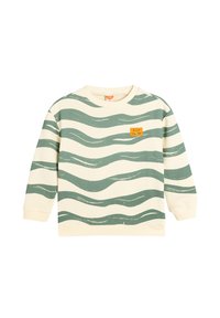 Sudadera de color crema claro con rayas verdes en forma de ola, escote redondo, puños acanalados y un pequeño parche naranja que dice "Disfruta del día" en el frente.