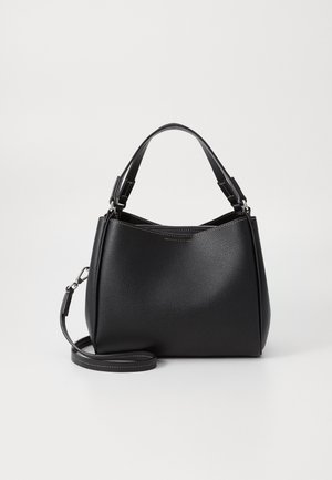 Black textured leather handbag with two short handles, a detachable long strap, and a zippered top opening, set against a white background.