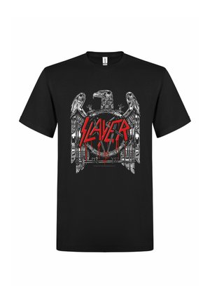 Czarny T-shirt z metalicznym motywem orła otaczającym czerwony, ociekający tekst z napisem "SLAYER" w postrzępionych literach.
