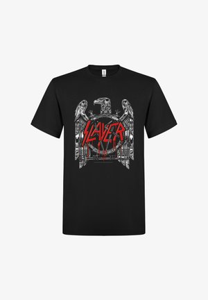 Czarny T-shirt z metalicznym motywem orła otaczającym czerwony, ociekający tekst z napisem "SLAYER" w postrzępionych literach.