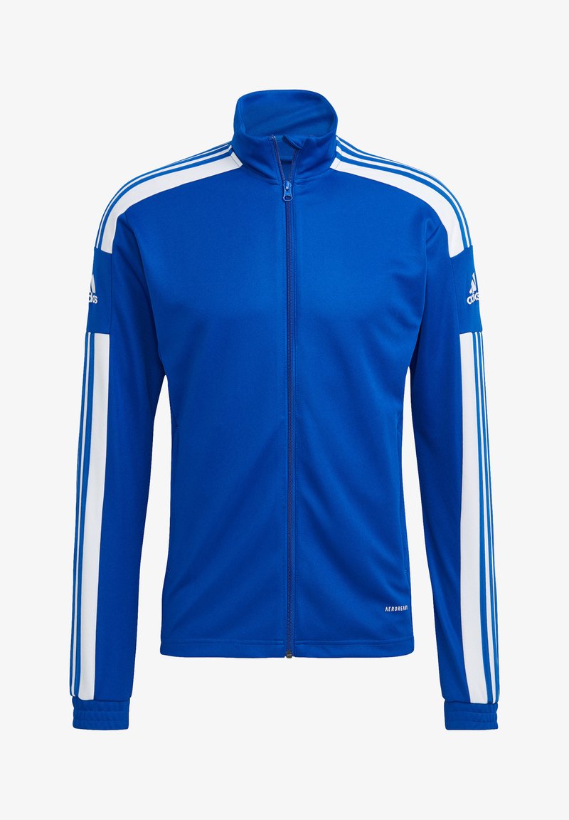 Blauwe zip-up jas van soepel polyester, met witte strepen langs de schouders en mouwen, en met ribgebreide manchetten bij de polsen.