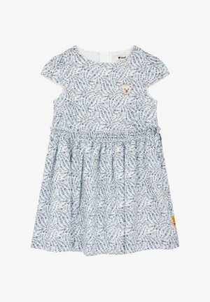 Vestido de algodón floral azul claro con mangas cortas, falda plisada y un parche de oso de peluche en el pecho. Cuenta con un cierre en la parte posterior.