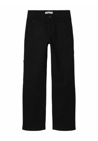 Pantalones de mezclilla negros con un diseño de pierna recta, que cuentan con bolsillos frontales y un bolsillo cargo lateral. Textura suave y construcción resistente.