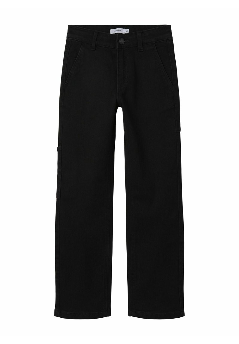 Pantalones de mezclilla negros con un diseño de pierna recta, que cuentan con bolsillos frontales y un bolsillo cargo lateral. Textura suave y construcción resistente.