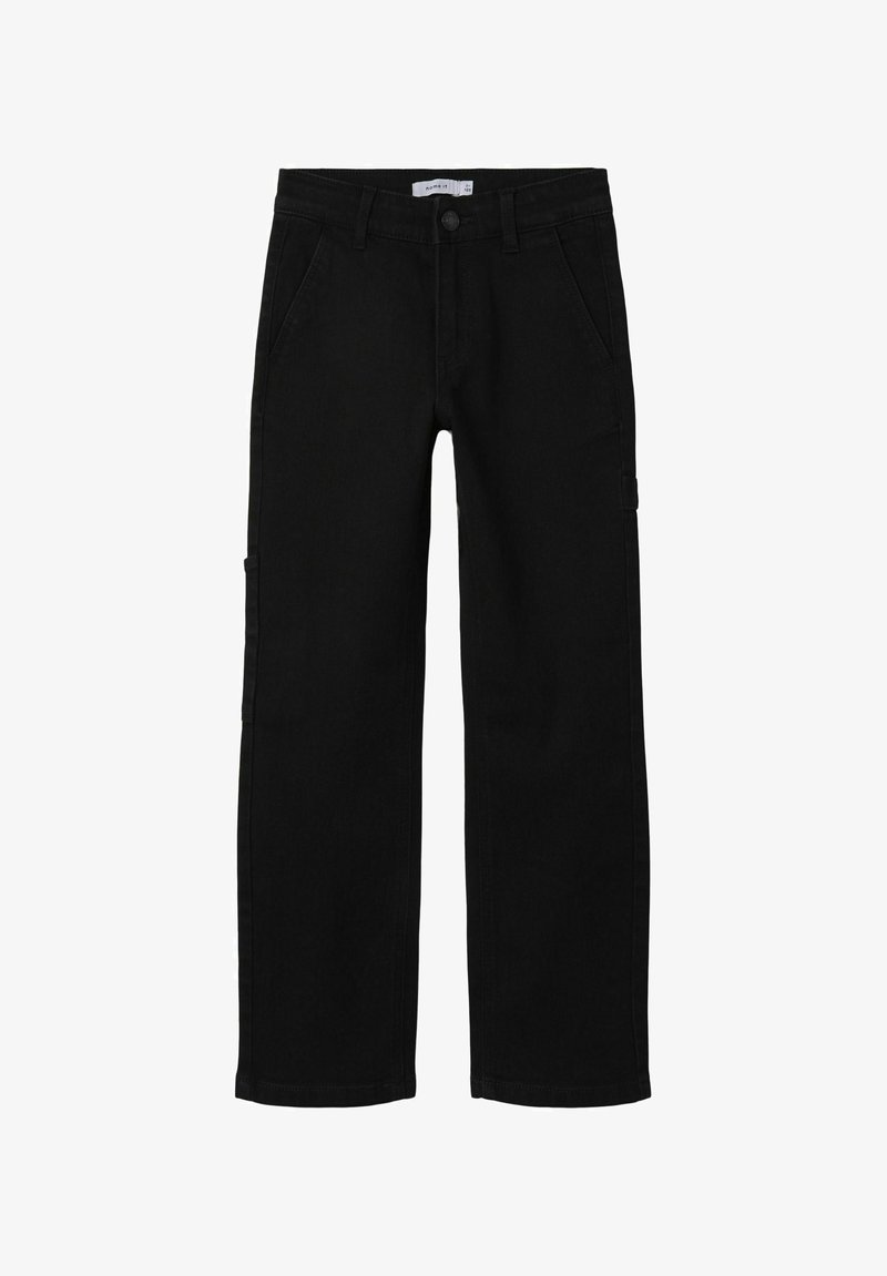 Pantalones de mezclilla negros con un diseño de pierna recta, que cuentan con bolsillos frontales y un bolsillo cargo lateral. Textura suave y construcción resistente.