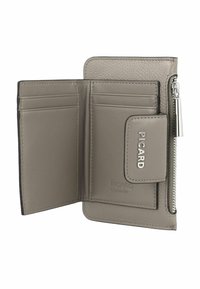 Grey leather wallet with multiple card slots, a zippered compartment, and a snap closure featuring silver hardware. Printed brand logo visible.