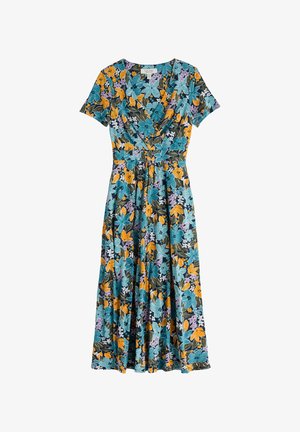 Květinové šaty s tyrkysovým pozadím a oranžovými, fialovými a bílými květy, krátké rukávy, výstřih do V a nařasený pás.