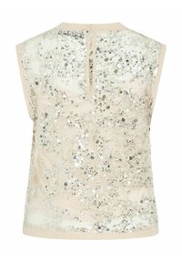 Haut beige sans manches en tissu transparent avec des sequins argentés embellissant tout le dos, avec une petite ouverture en forme de goutte au niveau de l'encolure.