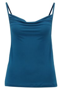 Teal, ärmlös topp med draperad halsringning och tunna band. Tillverkad av mjukt, elastiskt tyg med en figurnära passform och utan synliga mönster.