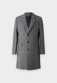 Grauer karierter langer Mantel mit Reverskragen, drei vorderen Knöpfen und seitlichen Taschen; verfügt über einen strukturierten, wollähnlichen Stoff und ein glattes Innenfutter.