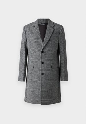 Grijze geruite lange jas met een notch lapel, drie knopen aan de voorkant en zijzakken; gemaakt van een gestructureerde wolachtige stof met een soepele binnenkant.