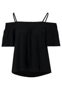 Černý top bez ramínek s krátkými rukávy, vyrobený z lehkého materiálu. Má smockovanou přední část u výstřihu a volný střih.