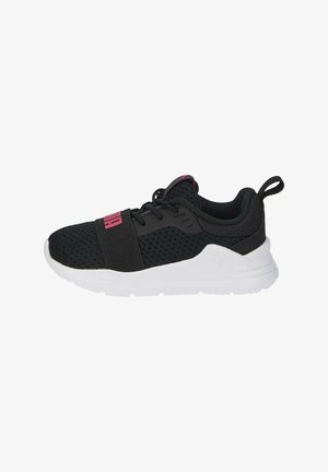Black athletic shoes with a mesh upper, pink accents, elastic band, and a white rubber sole. Features a pull tab at the heel for easy wear.