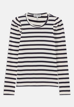 Long-sleeve ribbed top with horizontal navy and white stripes; features a round neckline and gathered detailing at the shoulders.